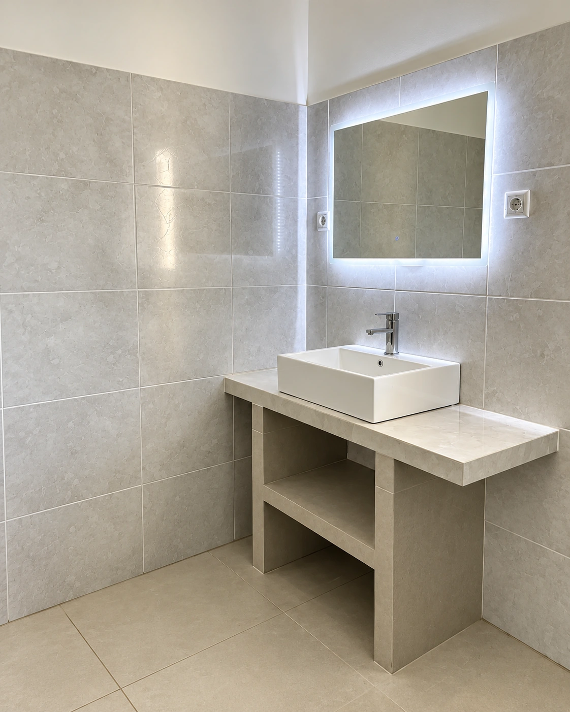 Badezimmer mit Waschbecken, Spiegel und Dusche